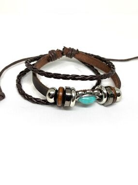 Brown Multi-Strand Leather Bracelet with turquoise &Silver tone discounted shipp